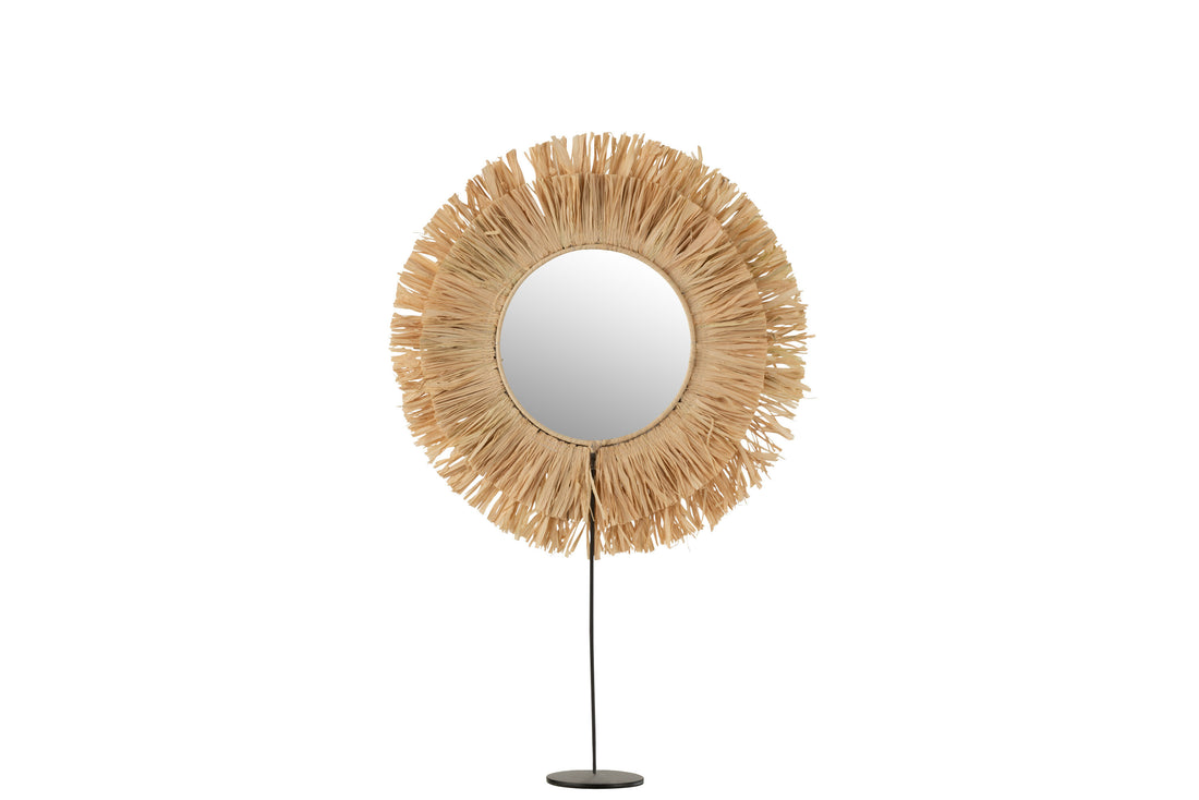 J-Line Spiegel Op Voet Rond Riet Raffia Naturel  - Wandspiegel 41.00 x 9.00 cm