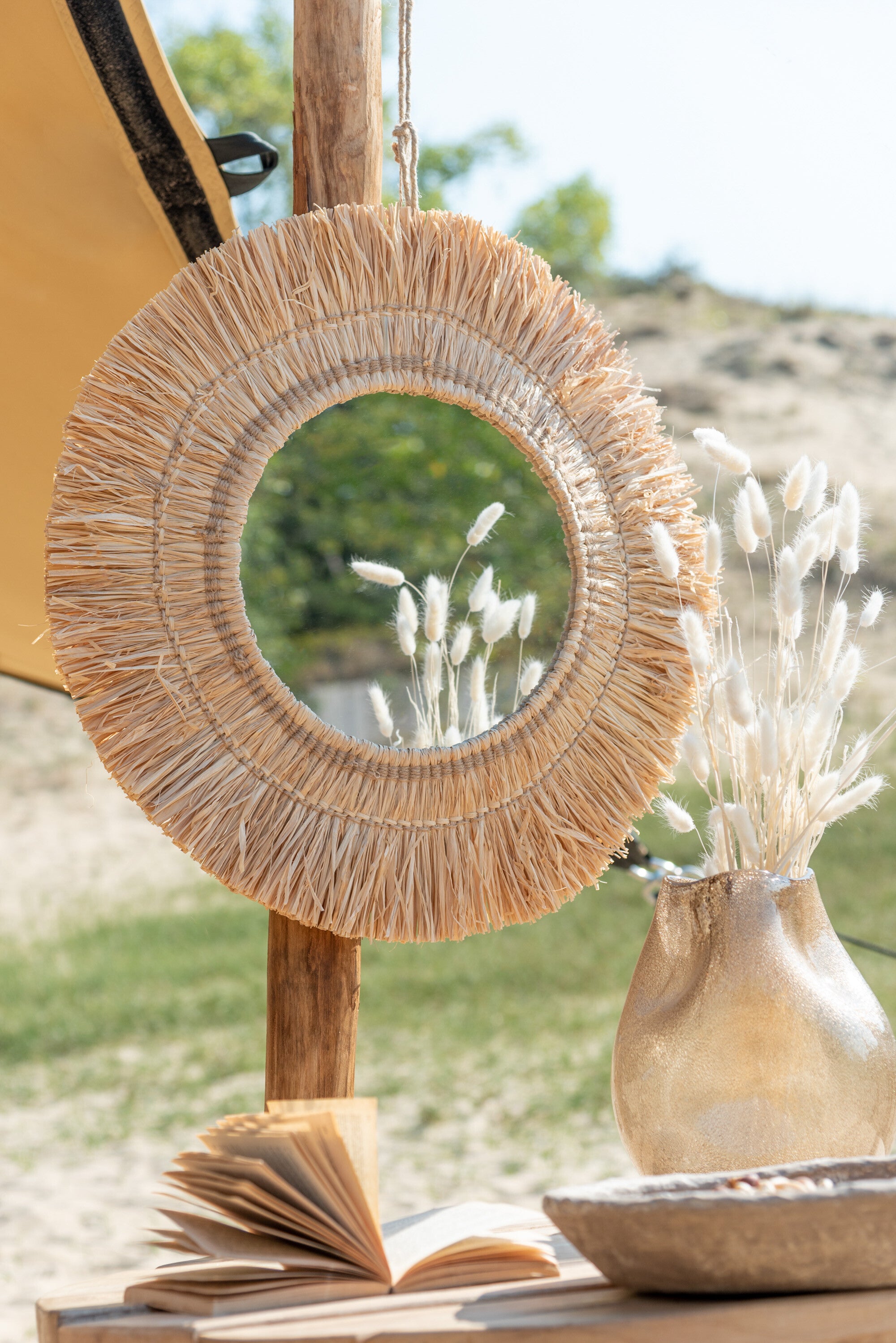 J-Line Spiegel Hangend Rond Riet Raffia Naturel  - Wandspiegel 61.50 x 61.50 cm