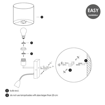 Wandlamp - Read, LED Leeslamp, E27, wit 16cm