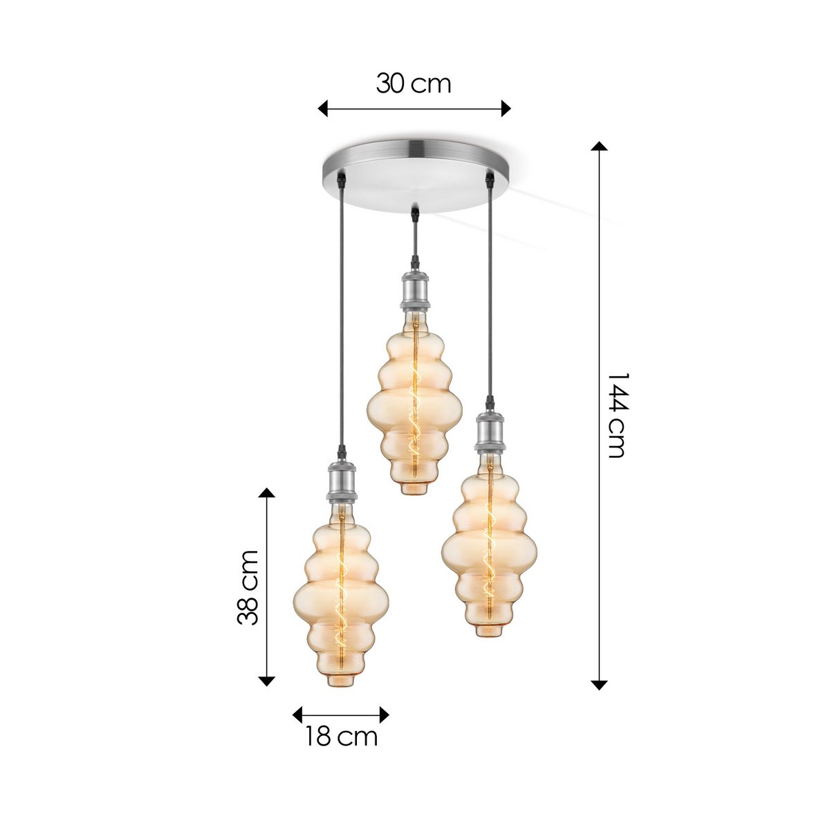 hanglamp chroom rond Cloud 3L G160 dimbaar E27 amber