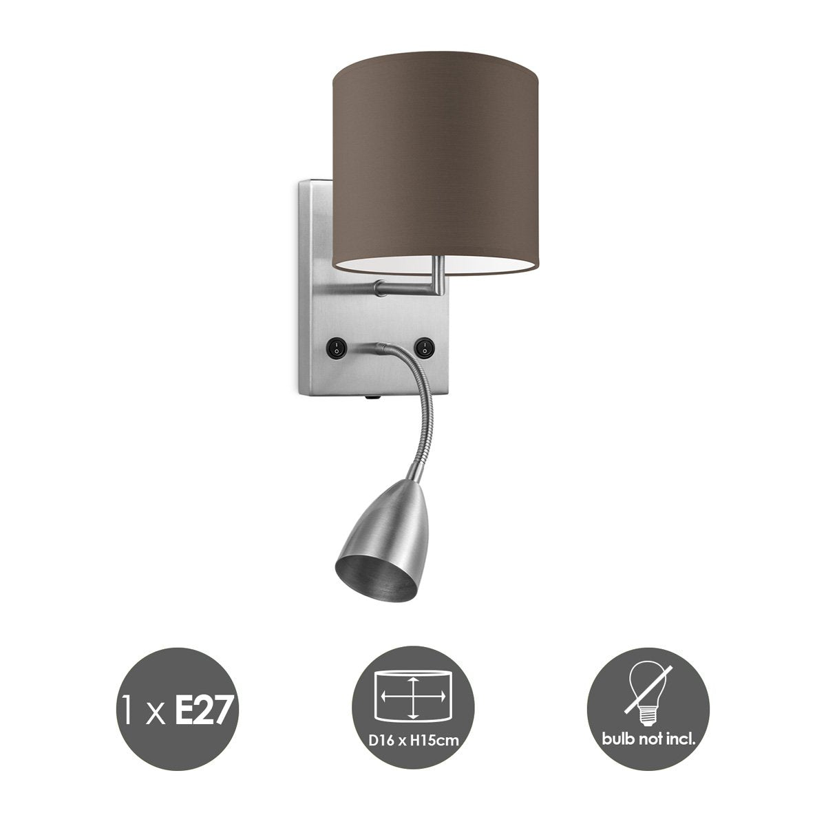 Wandlamp - Read, LED Leeslamp, E27, taupe 16cm