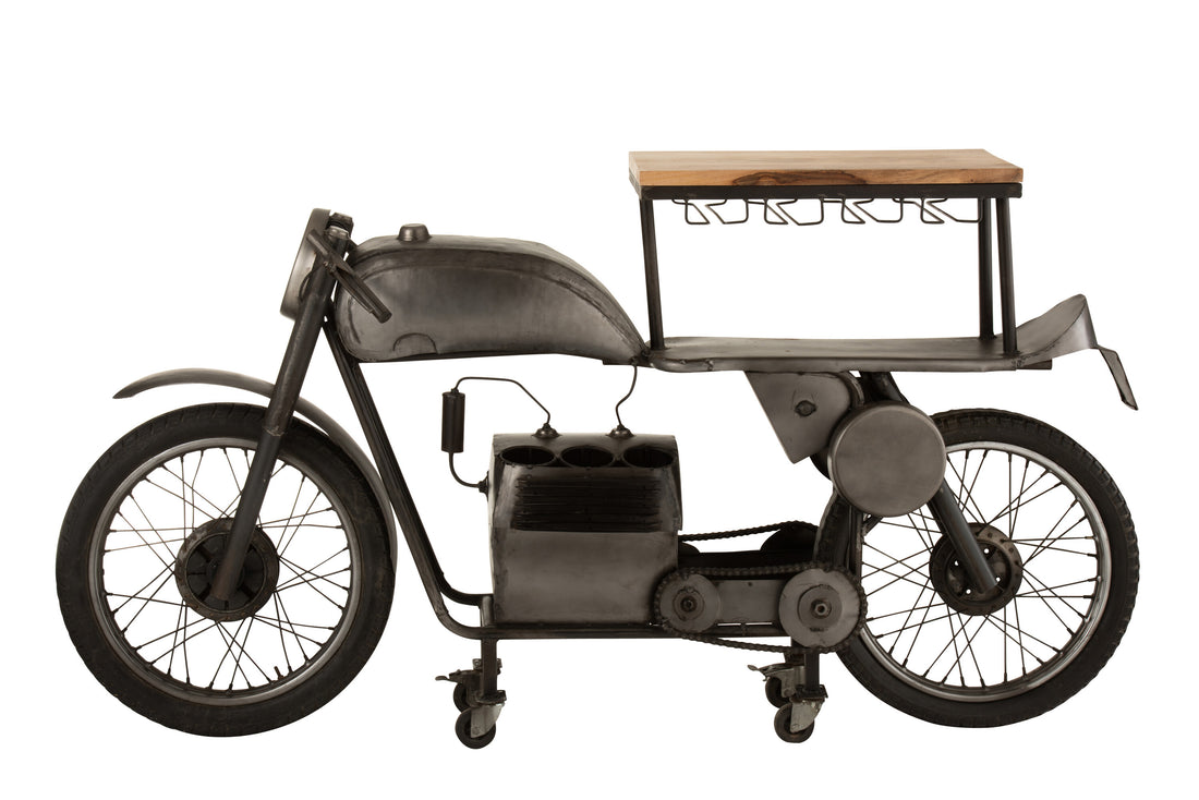 Bar Motorfiets 12Glazen 6Flessen Metaal/Mangohout Donkergrijs/Natuurlijk