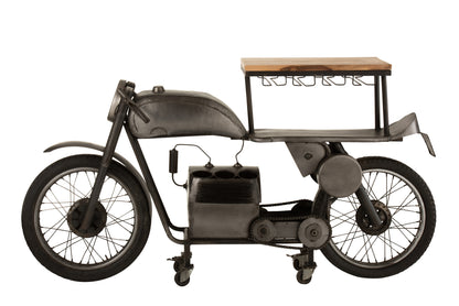 Bar Motorfiets 12Glazen 6Flessen Metaal/Mangohout Donkergrijs/Natuurlijk