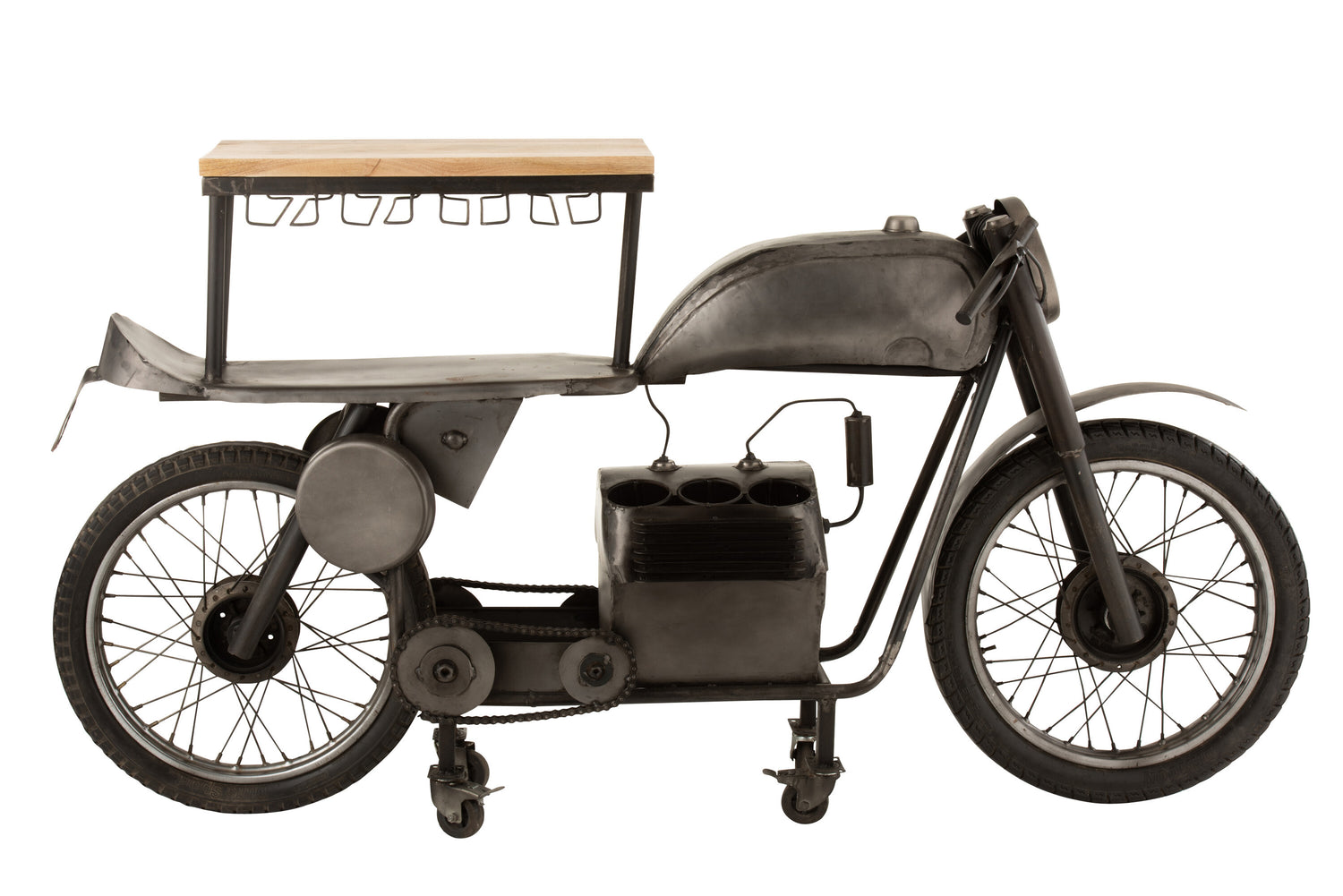 Bar Motorfiets 12Glazen 6Flessen Metaal/Mangohout Donkergrijs/Natuurlijk