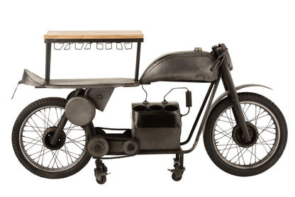 Bar Motorfiets 12Glazen 6Flessen Metaal/Mangohout Donkergrijs/Natuurlijk