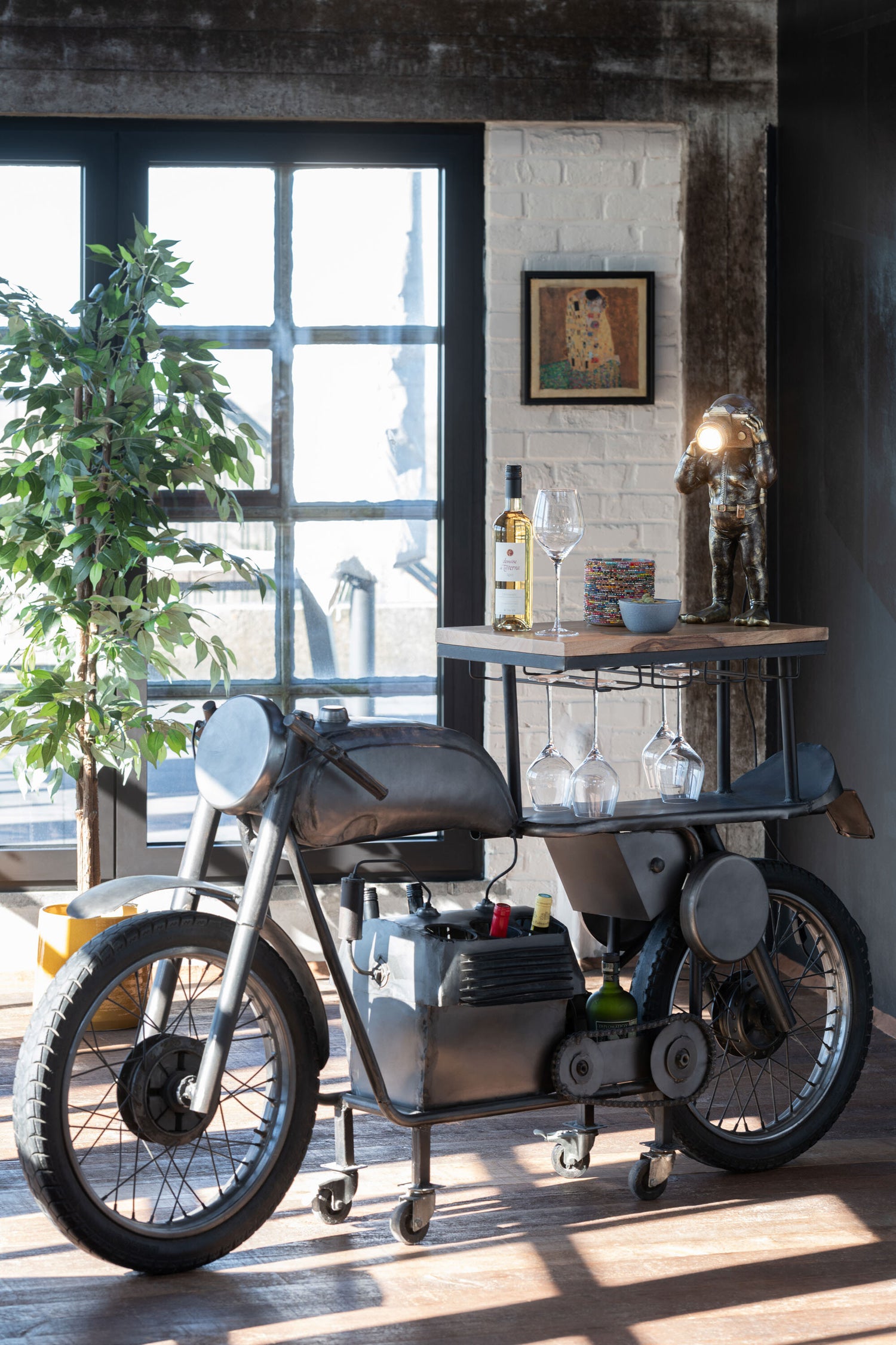 Bar Motorfiets 12Glazen 6Flessen Metaal/Mangohout Donkergrijs/Natuurlijk