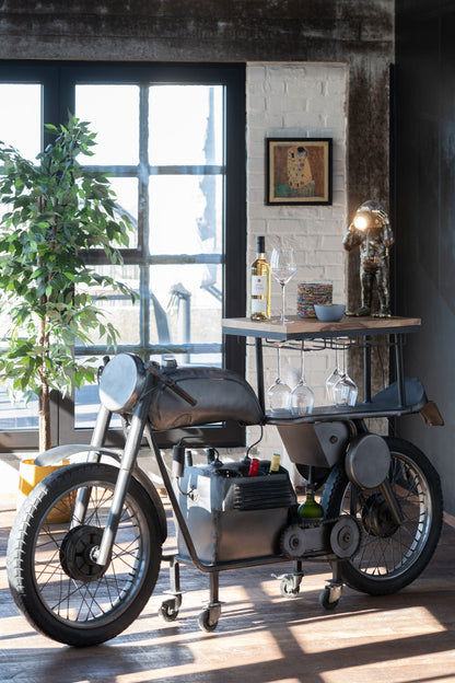 Bar Motorfiets 12Glazen 6Flessen Metaal/Mangohout Donkergrijs/Natuurlijk