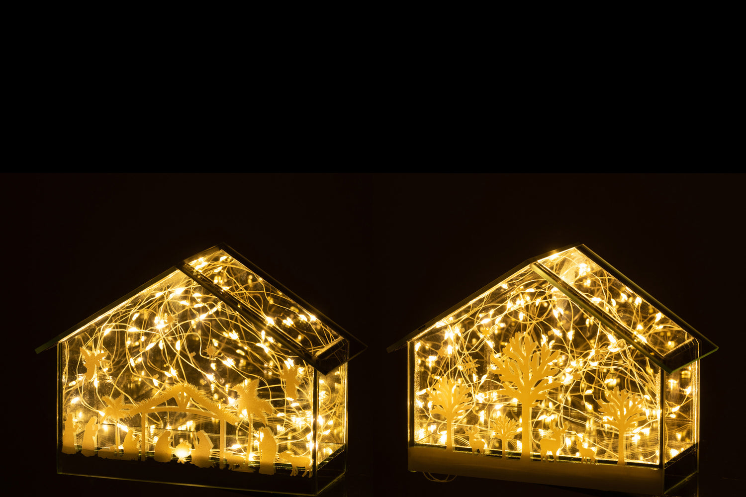 Decoratie Led Huis Bomen + Dieren Glas Goud Assortiment Van 2