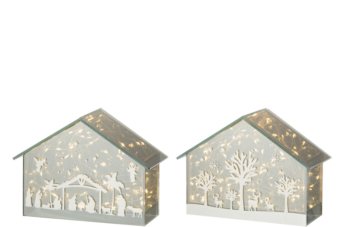 Decoratie Led Huis Bomen + Dieren Glas Goud Assortiment Van 2