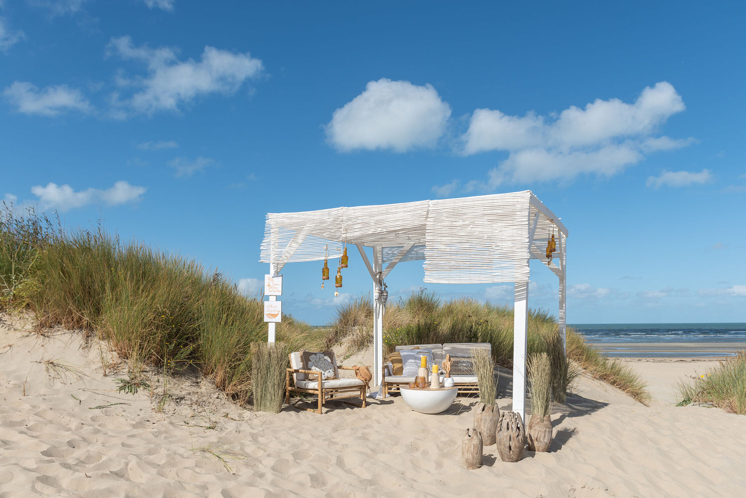 Bank 2 Personen Bamboe+Textiel Natuurlijk/Wit