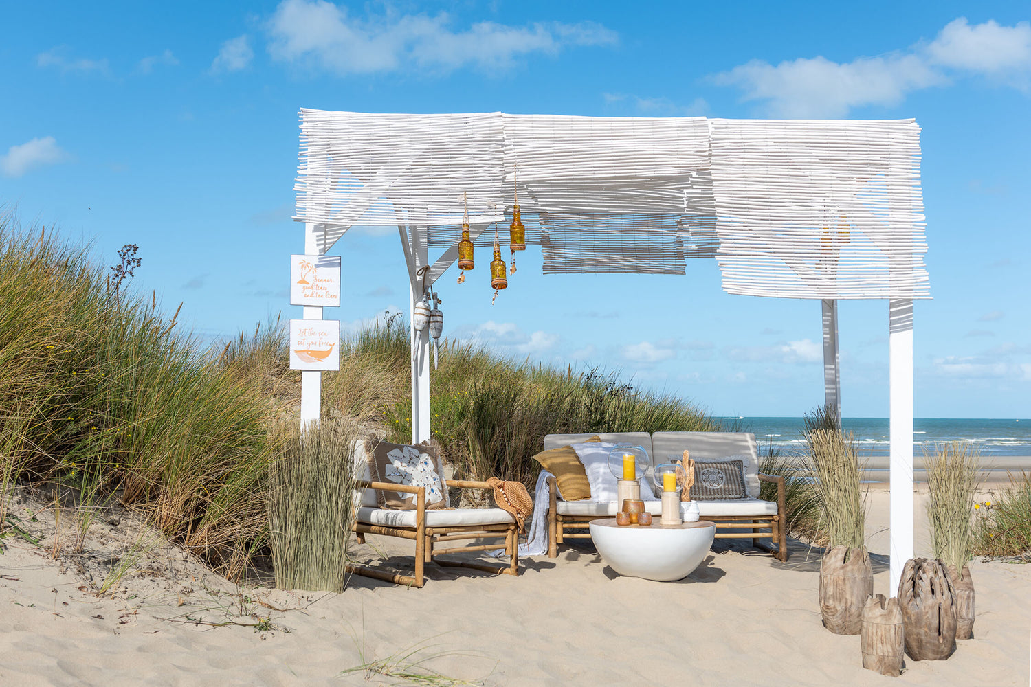 Bank 2 Personen Bamboe+Textiel Natuurlijk/Wit