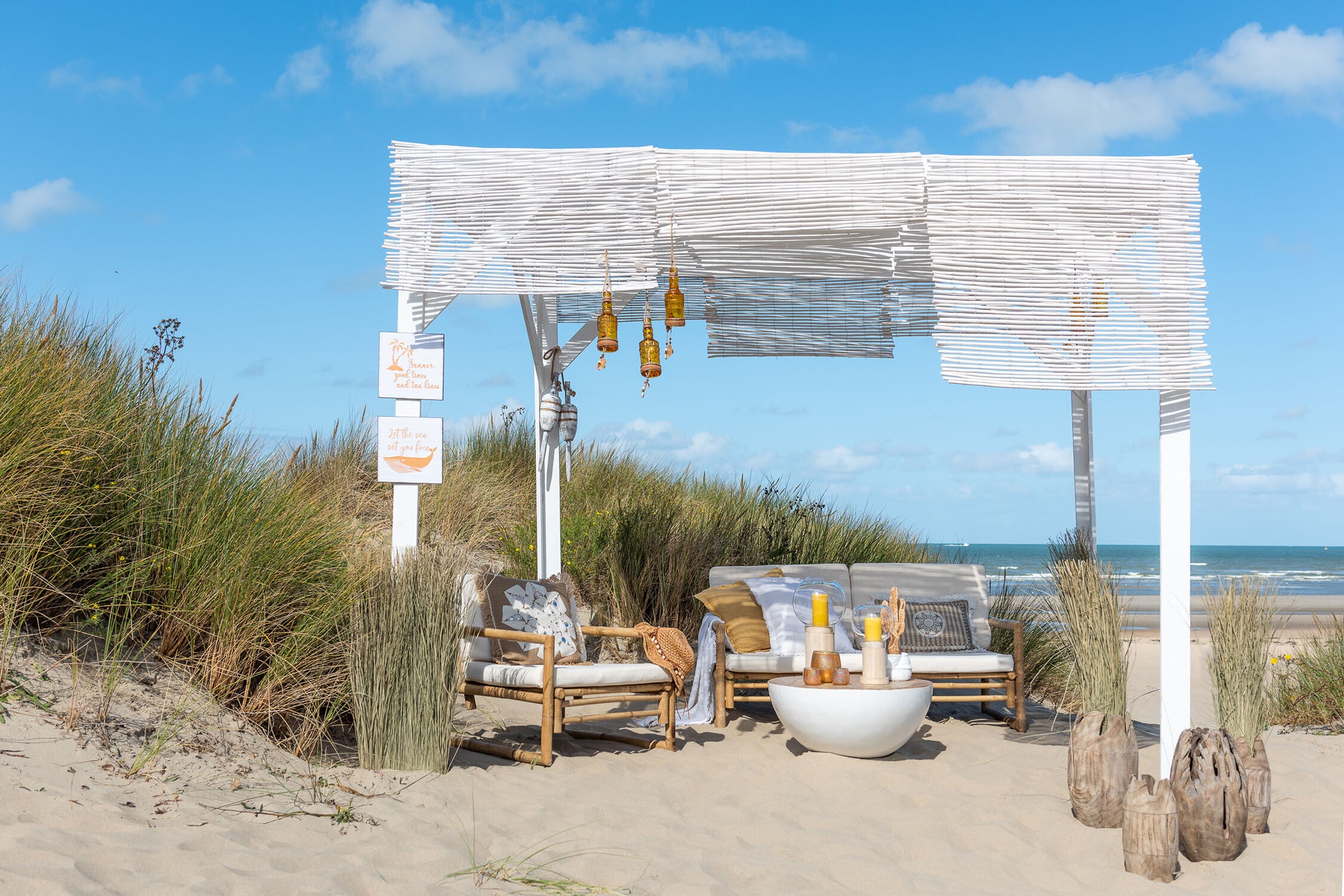 Bank 2 Personen Bamboe+Textiel Natuurlijk/Wit