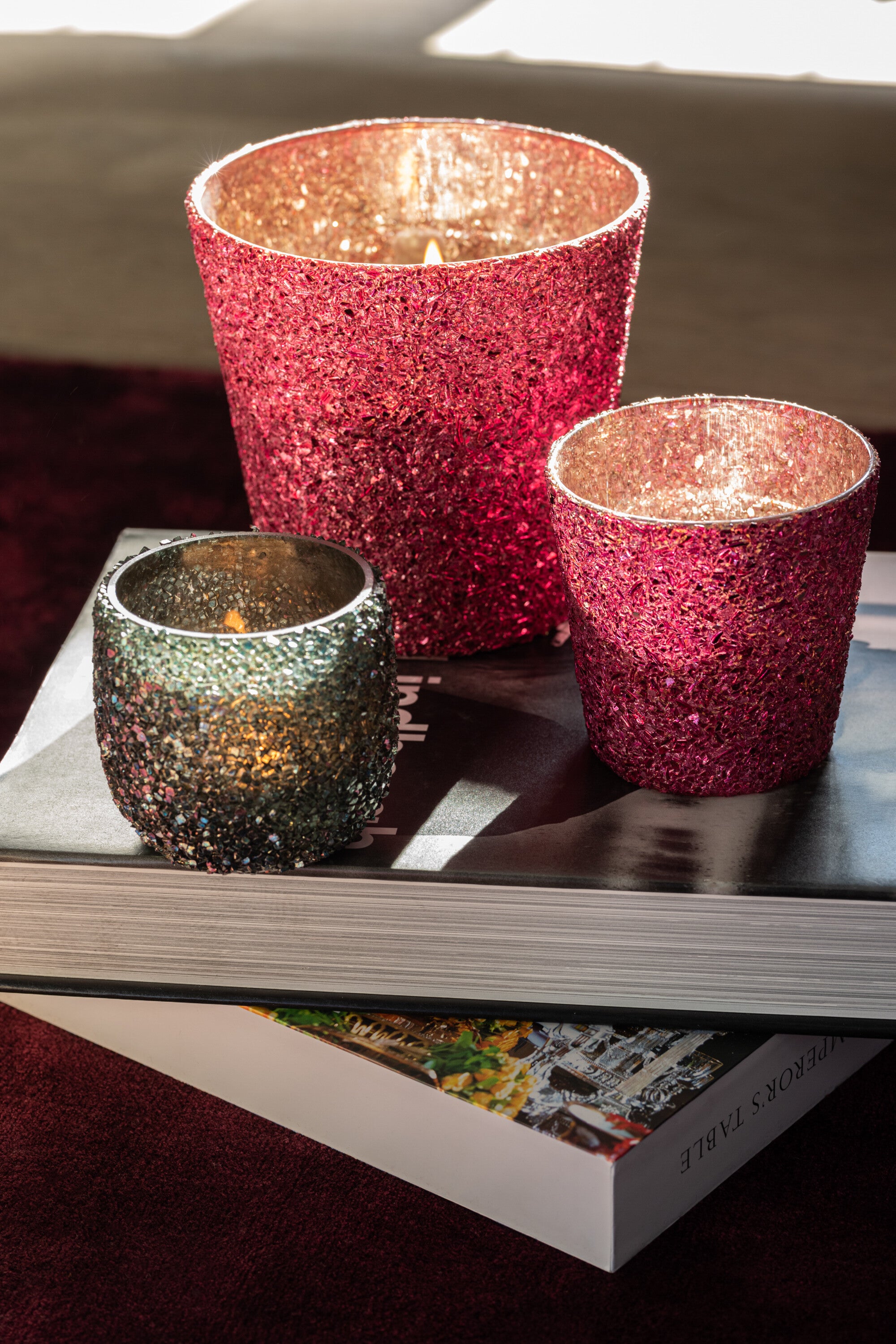 J-Line Theelichthouder Glitter Glas Fuchsia Klein