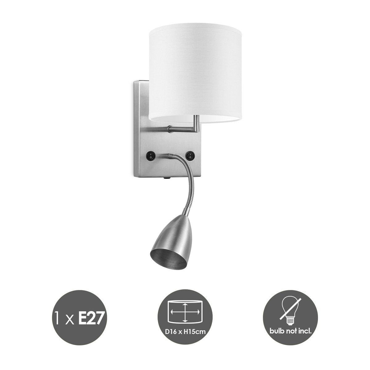 Wandlamp - Read, LED Leeslamp, E27, wit 16cm