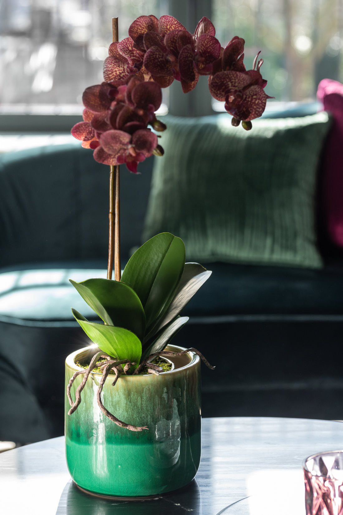 J-Line Orchidee In Pot Plastiek/Cement Donker Roze/Zilver