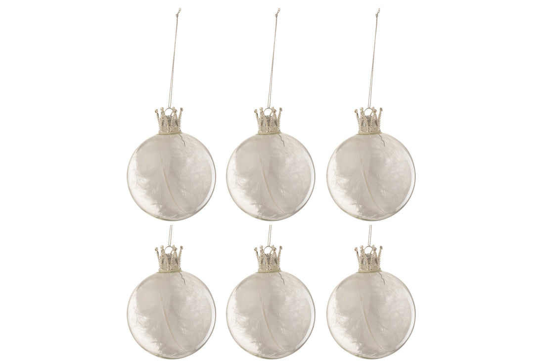 J-Line Doos met 6 kerstballen kroon veer wit glas helder klein