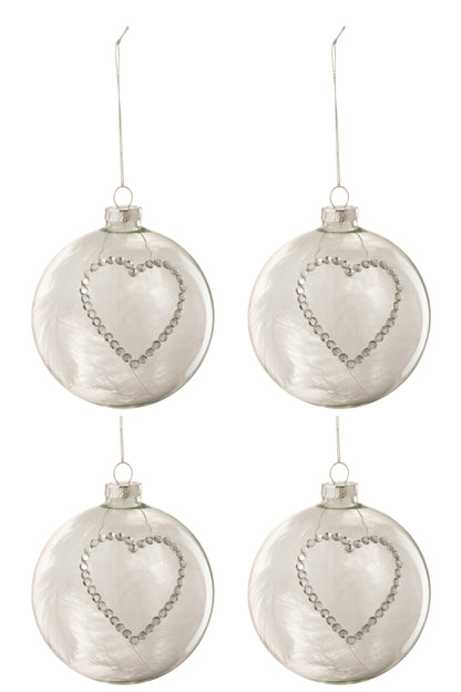 J-Line Box Of 4 Christmas Baubles Heart Strass Silver Feather White Glass Clear Medium