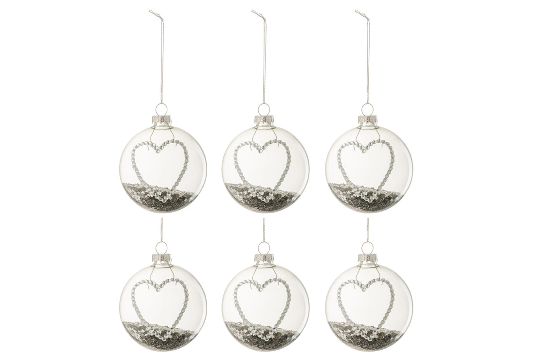 J-Line Doos met 6 kerstballen Hart Strass Zilveren sterren Glas Helder Klein