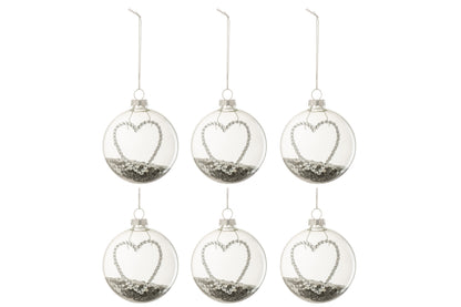 Doos van 6 kerstballen Hart Strass Zilveren Sterren Glas Helder Klein