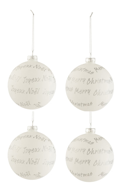 J-Line Doos met 4 kerstballen Xmas/Noel Glas Wit/Zilver Medium