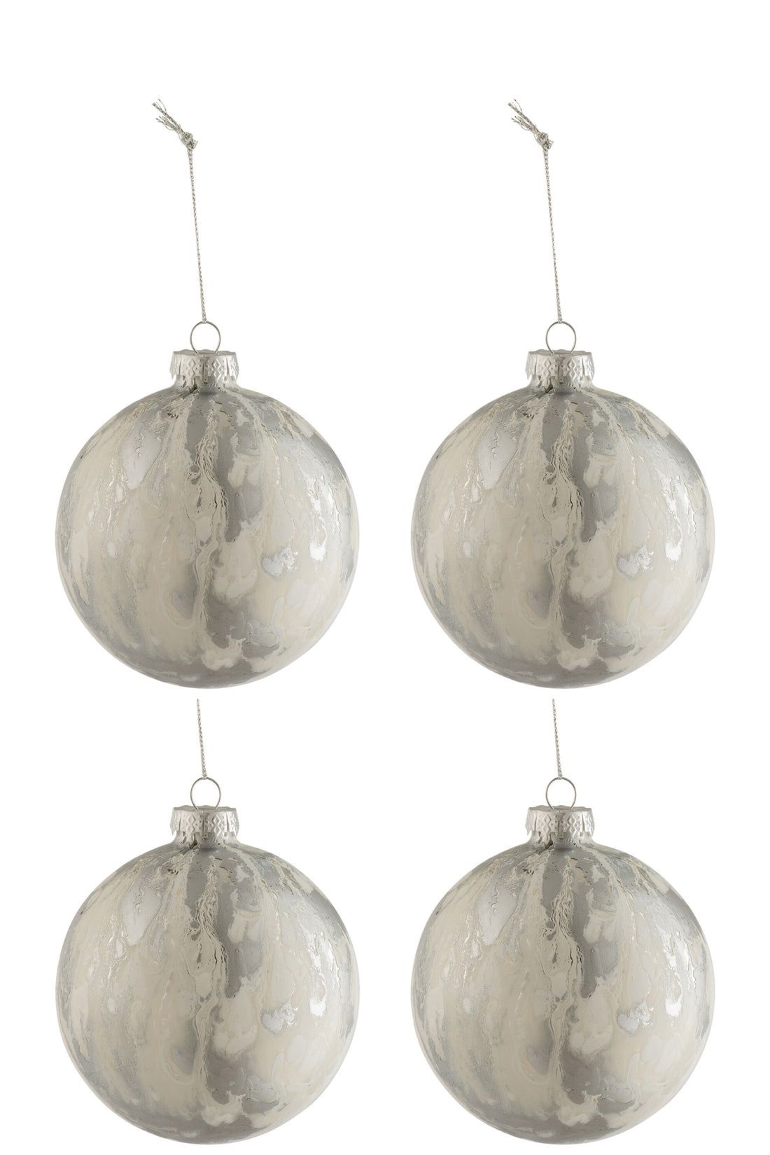 J-Line Box Of 4 Christmas Baubles Marble Look Glass White/Silver Medium