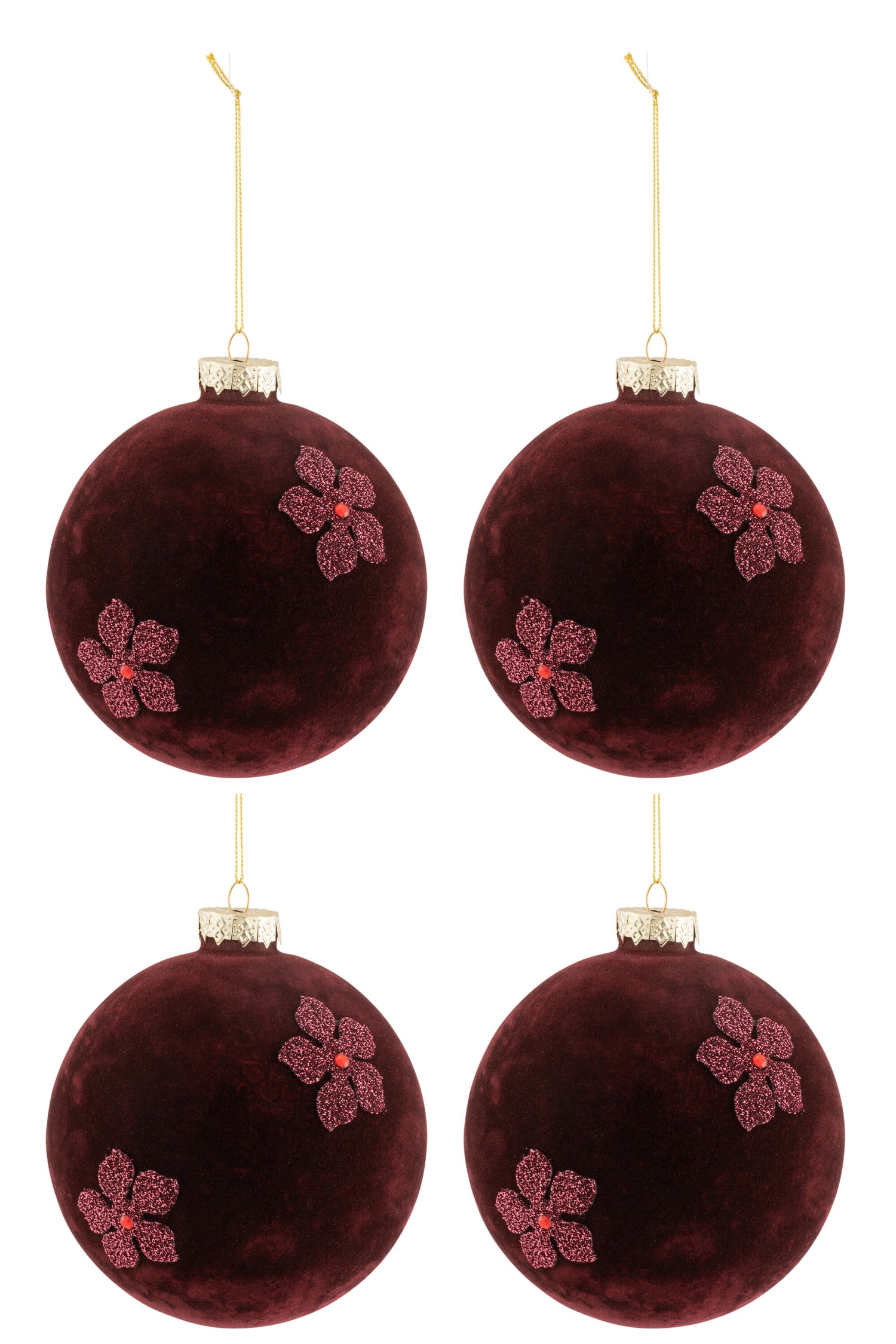 J-Line Box Of 4 Christmas Baubles Flowers Velvet Glass Burgundy Large