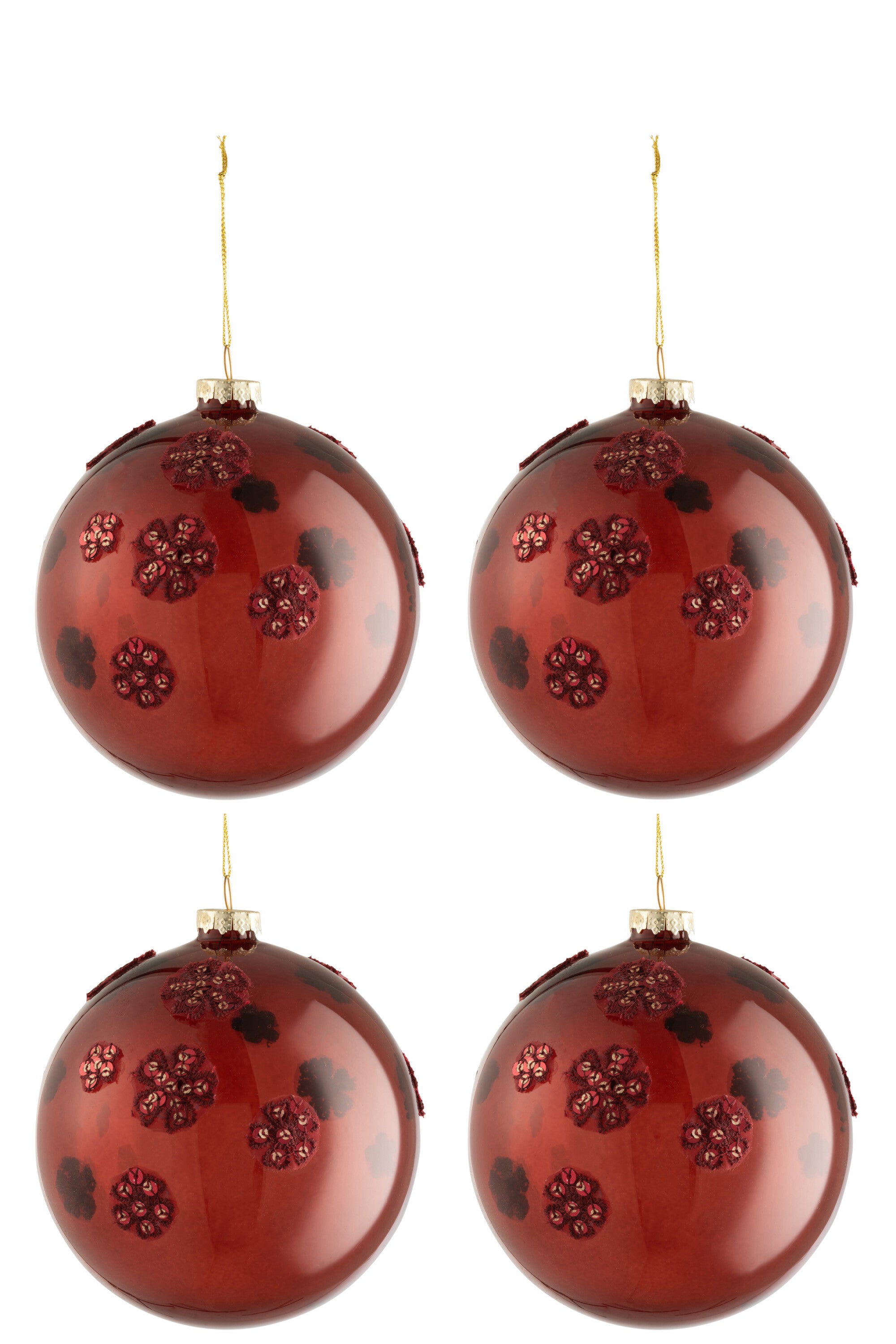 J-Line Box Of 4 Christmas Baubles Flowers Glass Burgundy Large