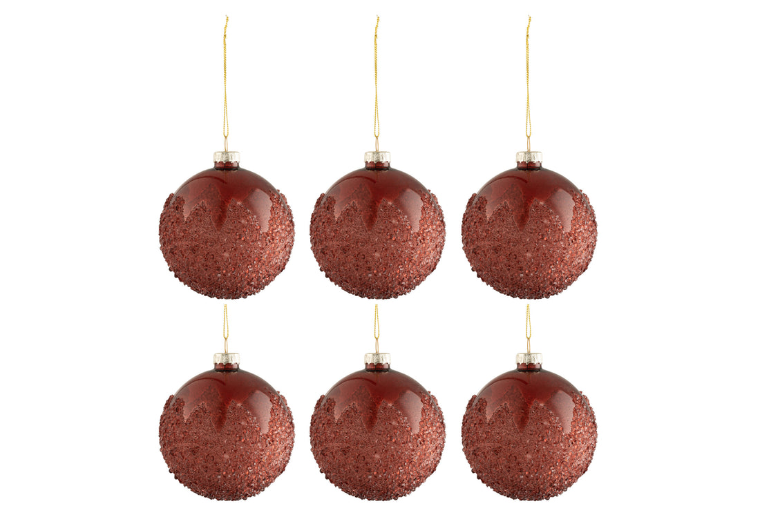 J-Line Doos met 6 kerstballen suikerglas mat bordeaux klein