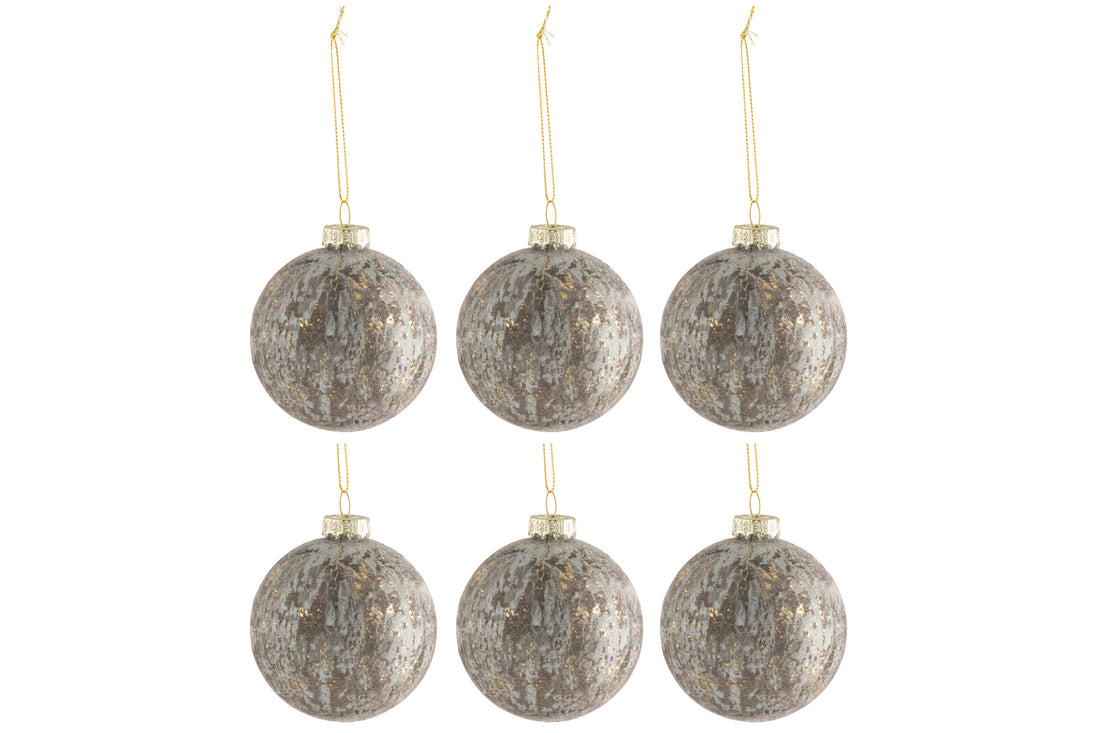 J-Line Doos met 6 kerstballen fluweel glas antiek grijs/goud klein