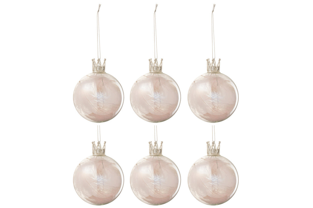 J-Line Doos met 6 kerstballen kroon veer lichtroze glas helder klein