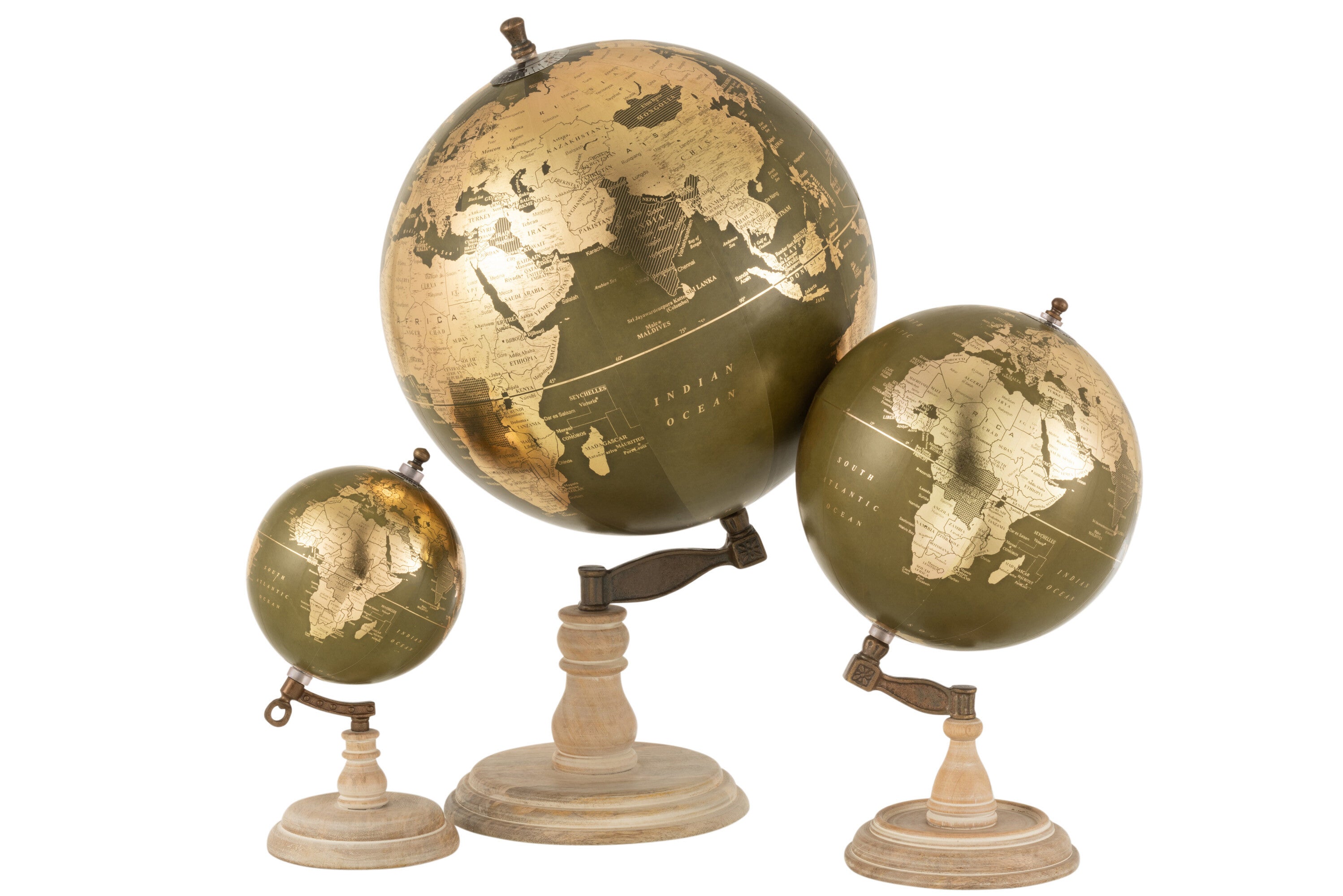 Wereldbol op voet hout khaki/goud groot