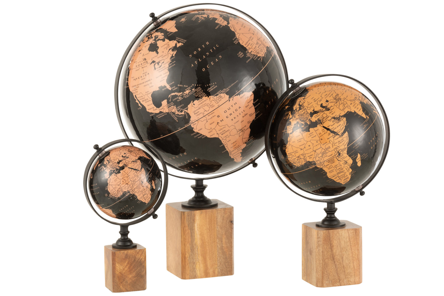 Wereldbol op voet hout zwart/bruin groot