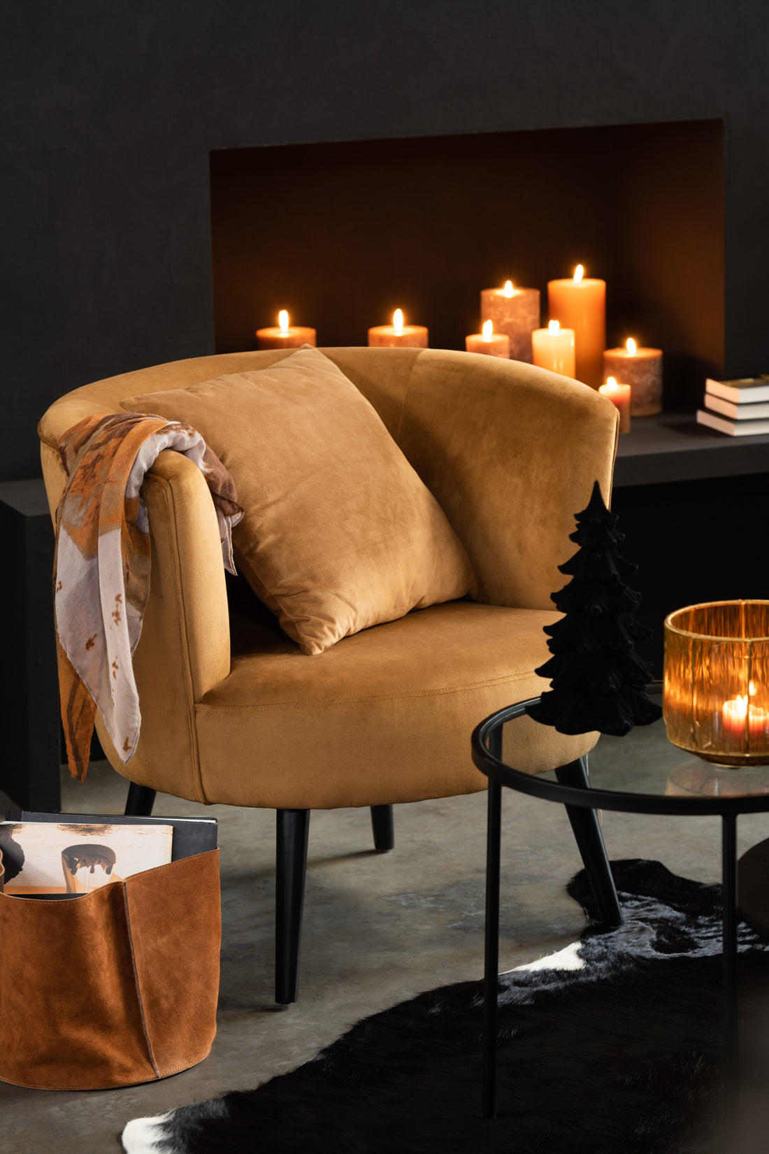 J-Line Opbergmand Rond Laag Leder Cognac