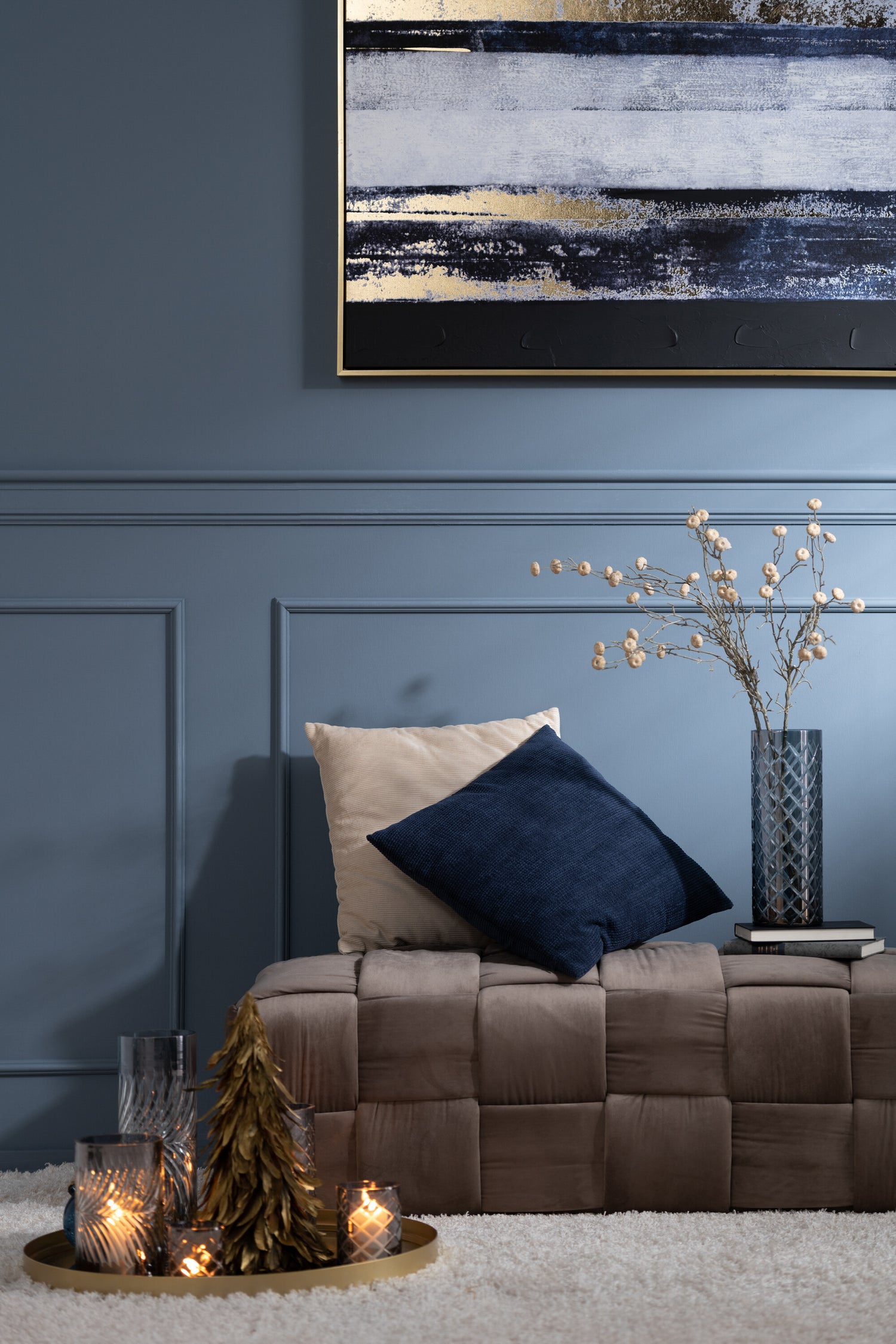 Kussen Rib Vierkant Fluweel Blauw