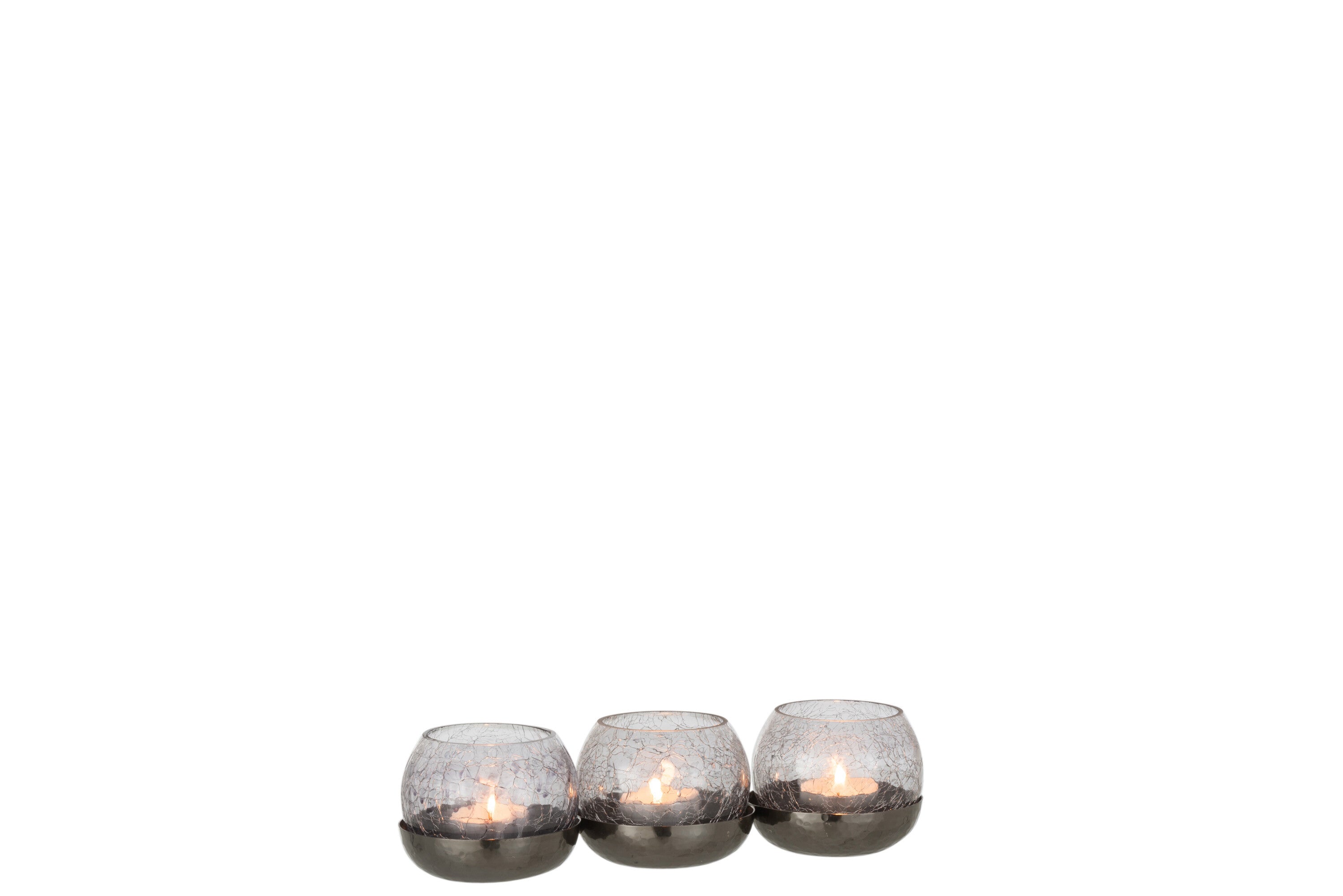 J-Line Theelichthouder 3 Bol Craquele Glas/Stainless Steel Zwart