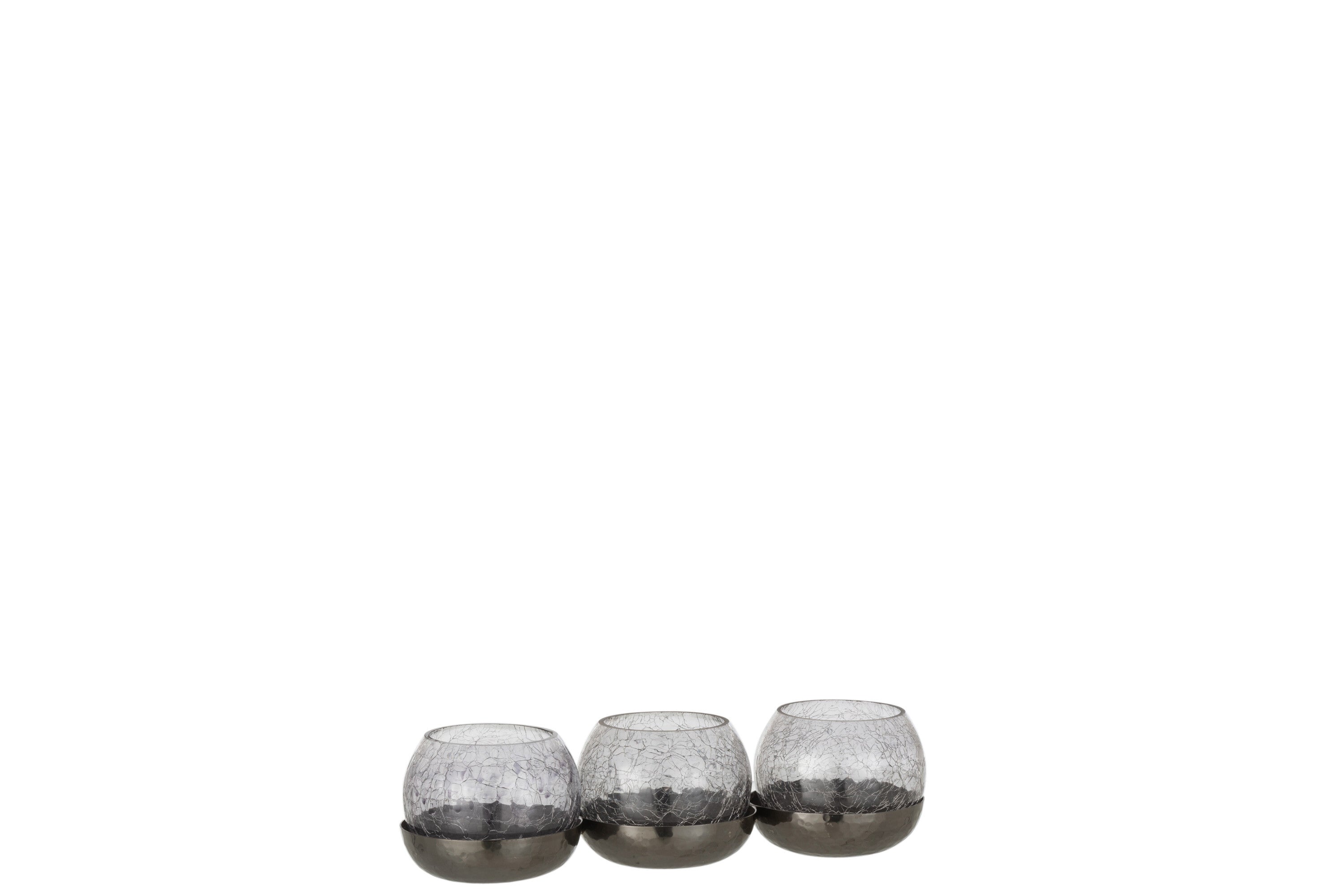 J-Line Theelichthouder 3 Bol Craquele Glas/Stainless Steel Zwart