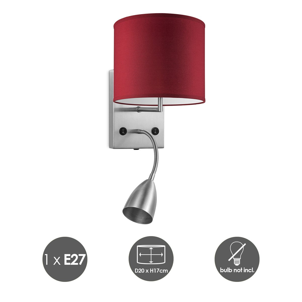 Wandlamp - Read, LED Leeslamp, E27, rood 20cm