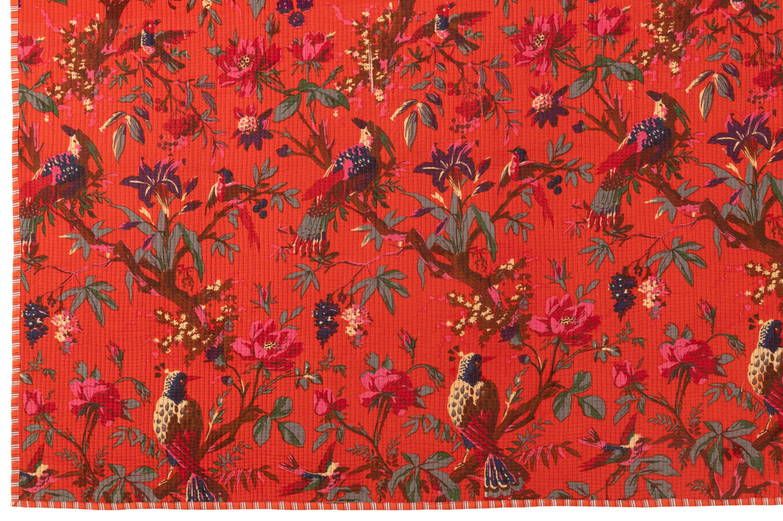 Geruite Vogels/Bloemen Katoenen Fluweel Oranje