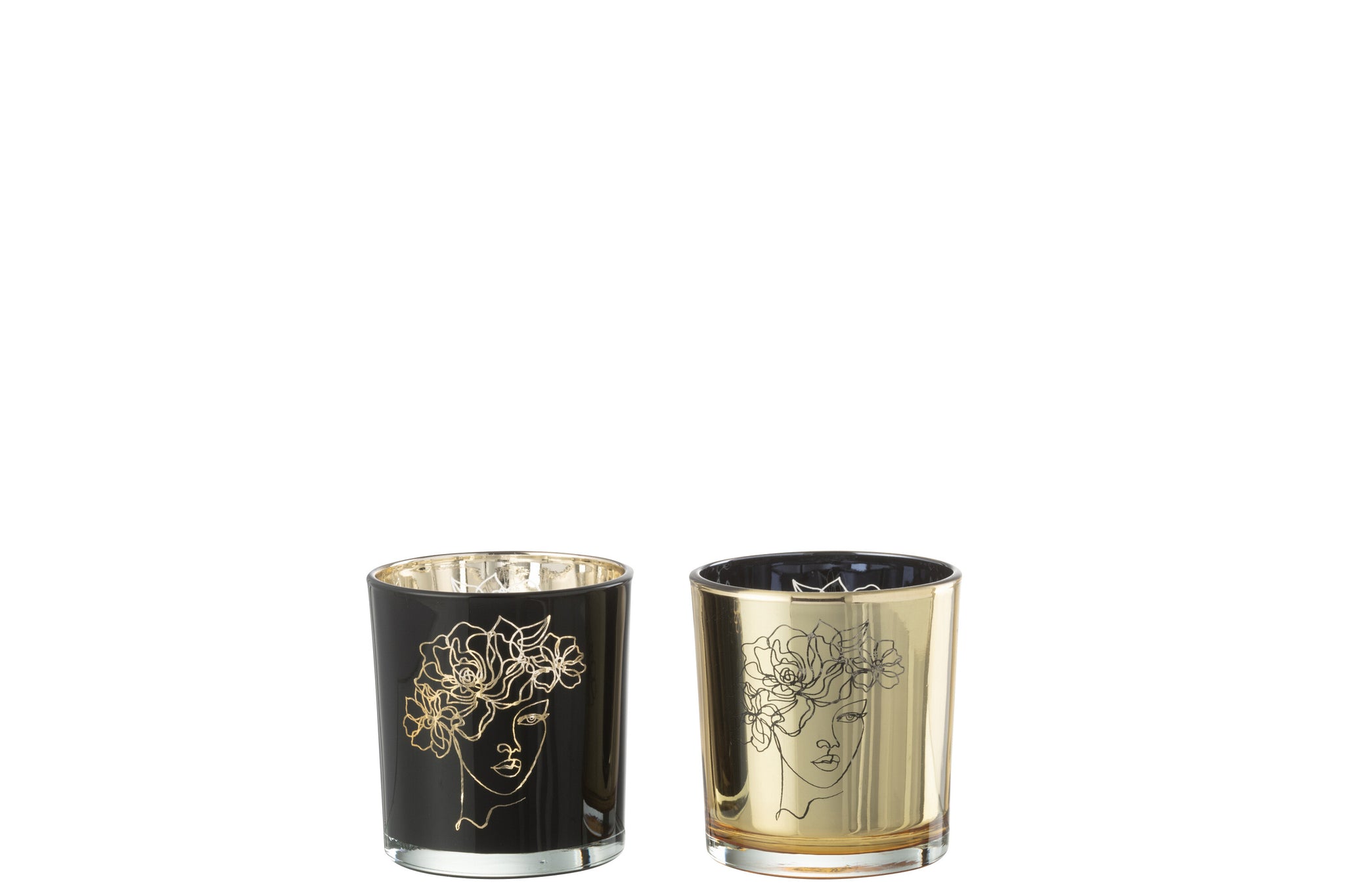 Theelichthouder Lady Hair Flowers Glas Zwart/Goud Klein Assortiment Van 2