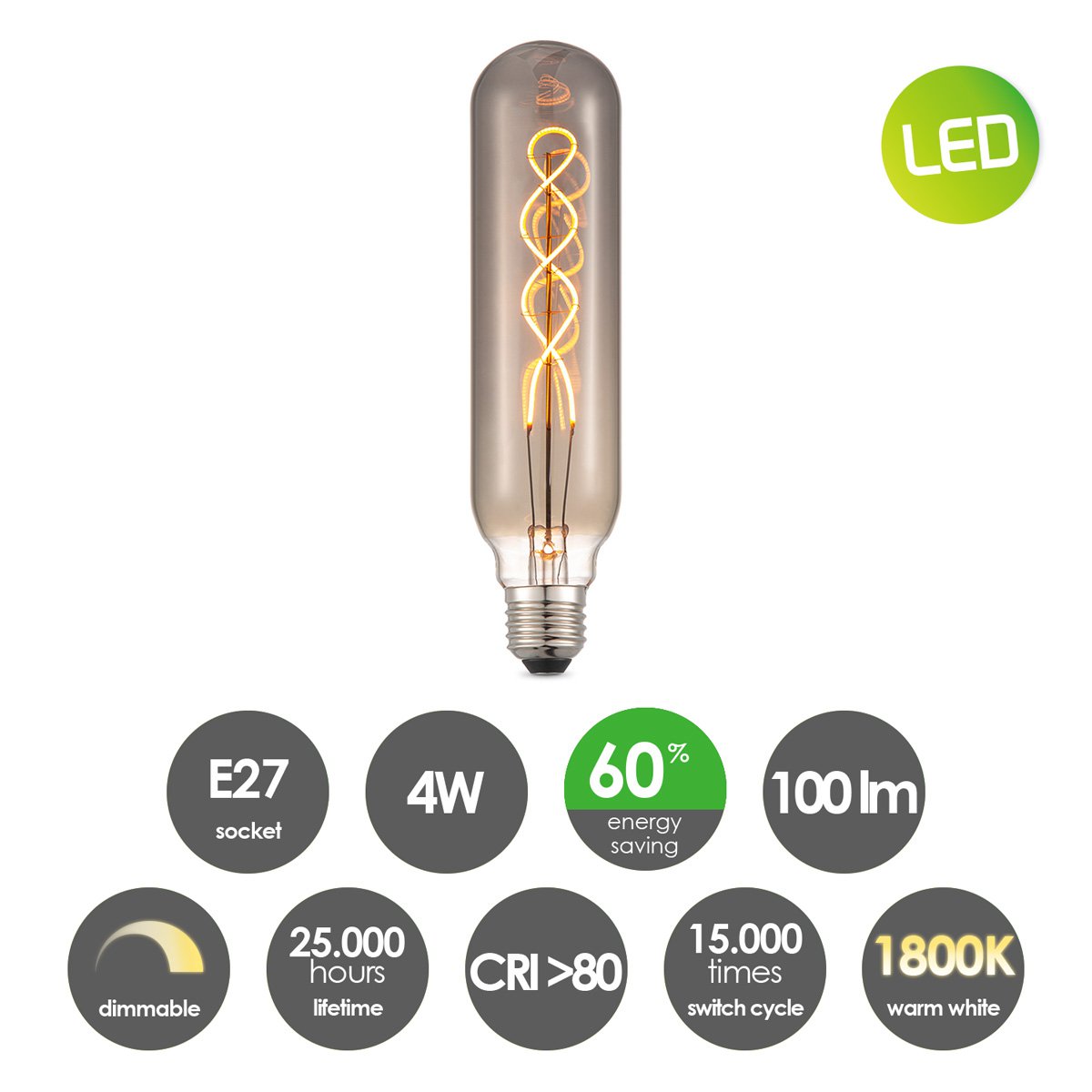 dimbare Led Buis Spiraal E27 4W 100Lm 1800K Rook