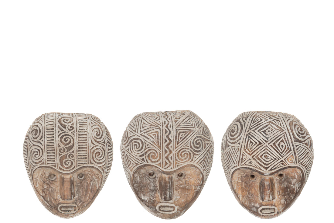 Wanddecoratie Masker Primitief Albasia Hout Bruin/Wit Assortiment Van 3