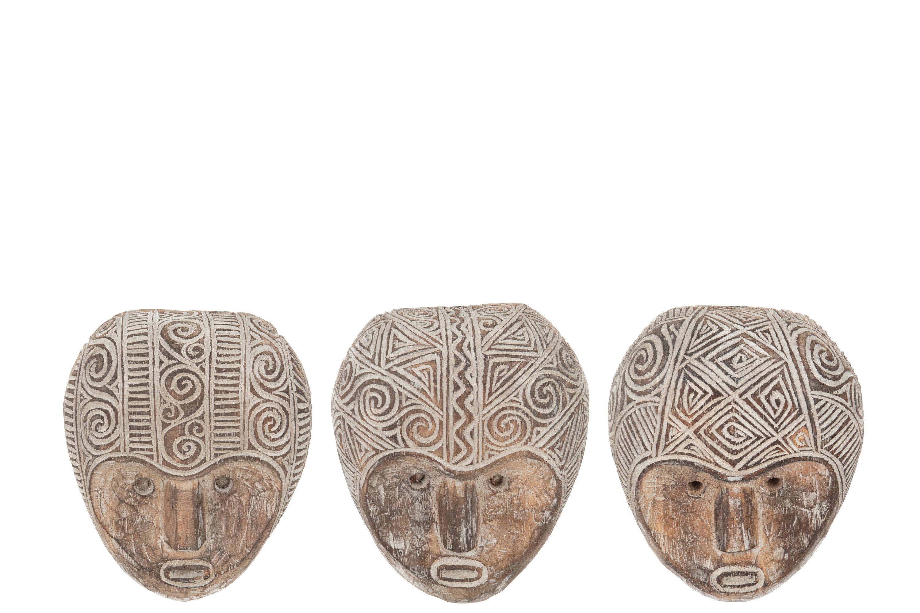 Wanddecoratie Masker Primitief Albasia Hout Bruin/Wit Assortiment Van 3
