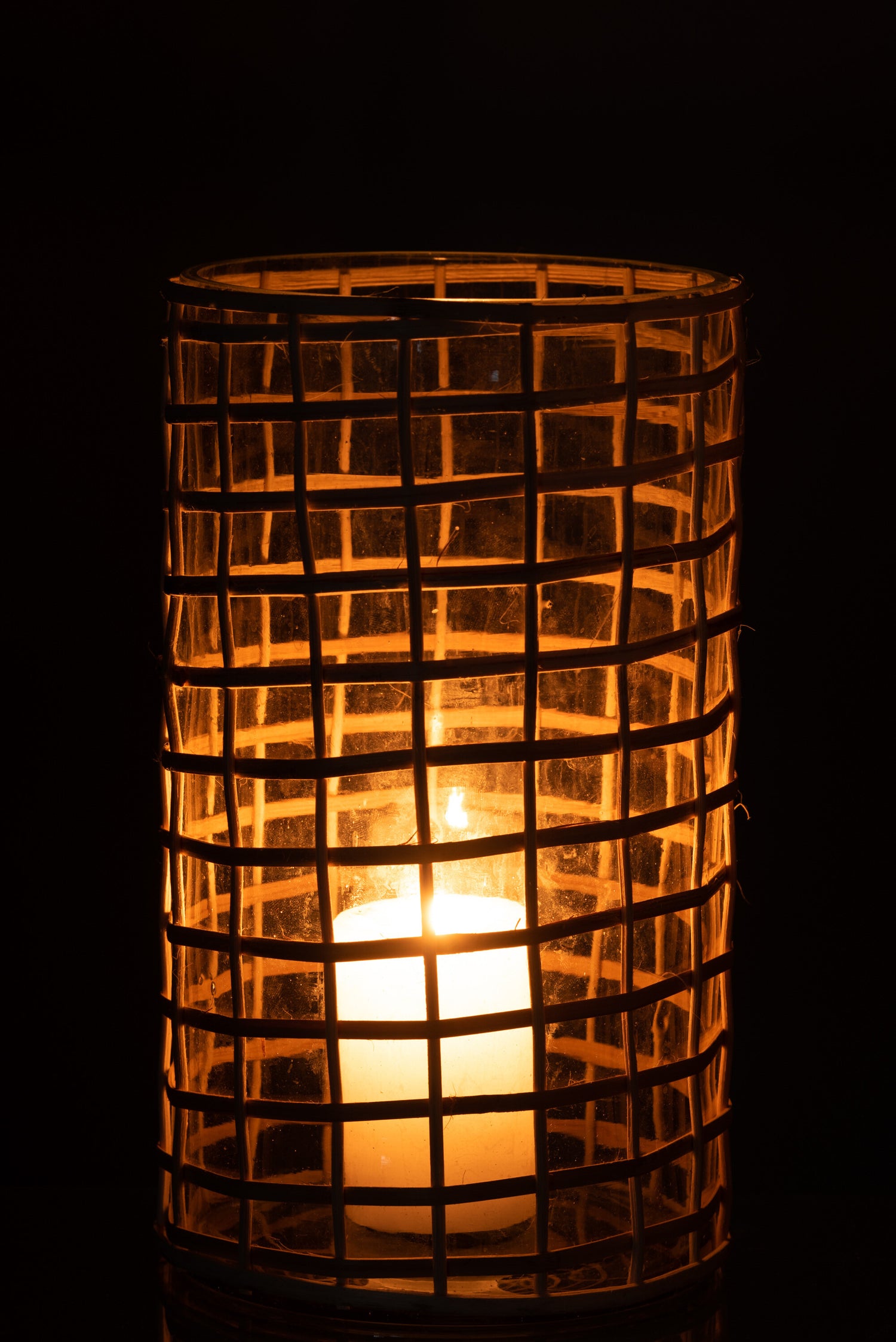 J-Line Lantaarn Violet Glas/Riet Naturel Groot