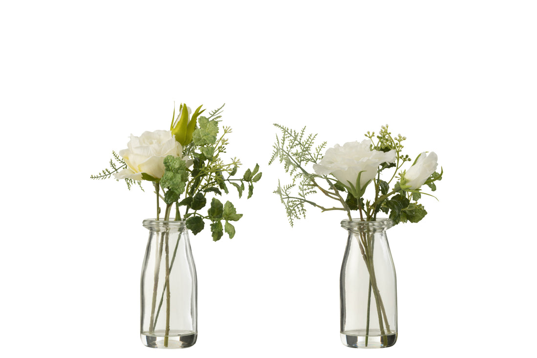 Boeket Rozen/Eustoma In Vaas+Kunstmatig Water Plastic Groen/Wit Kleine Assortiment Van 2