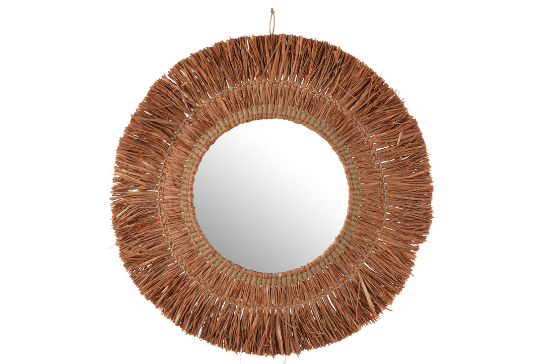 J-Line Spiegel Hangend Rond Riet Raffia Bruin - Wandspiegel 61.50 x 61.50 cm