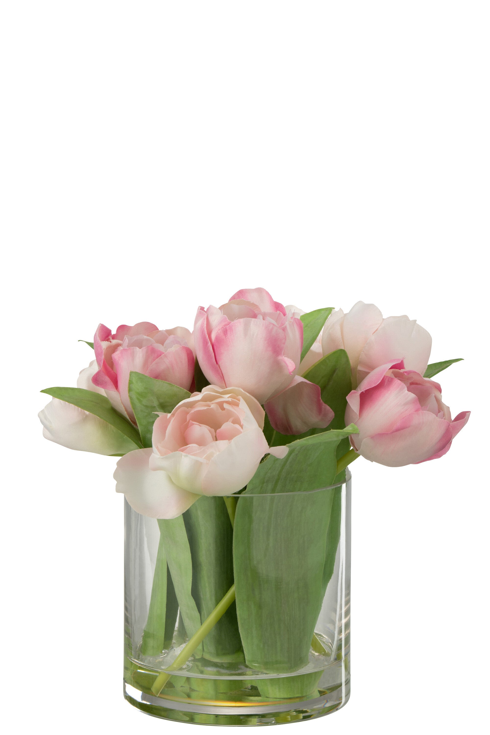 Tulpen in vaas rond plastic glas roze groot