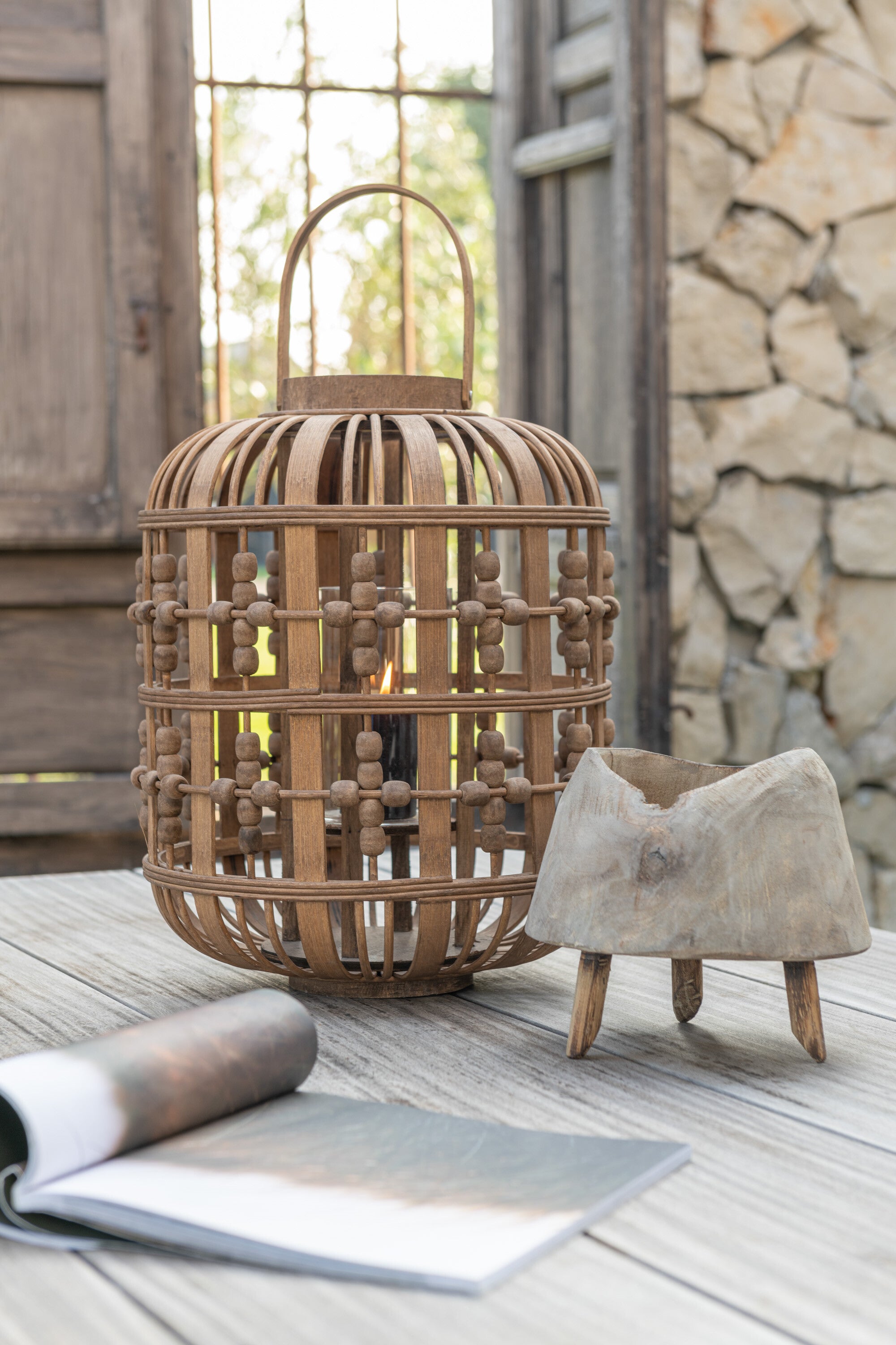 J-Line lantaarn Kralen - hout - naturel