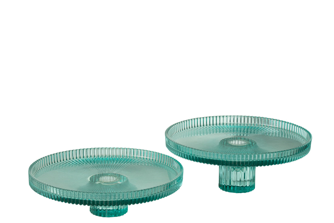 J-Line Cake bord - taartplateau - glas - transparant/ azuurblauw - 2x