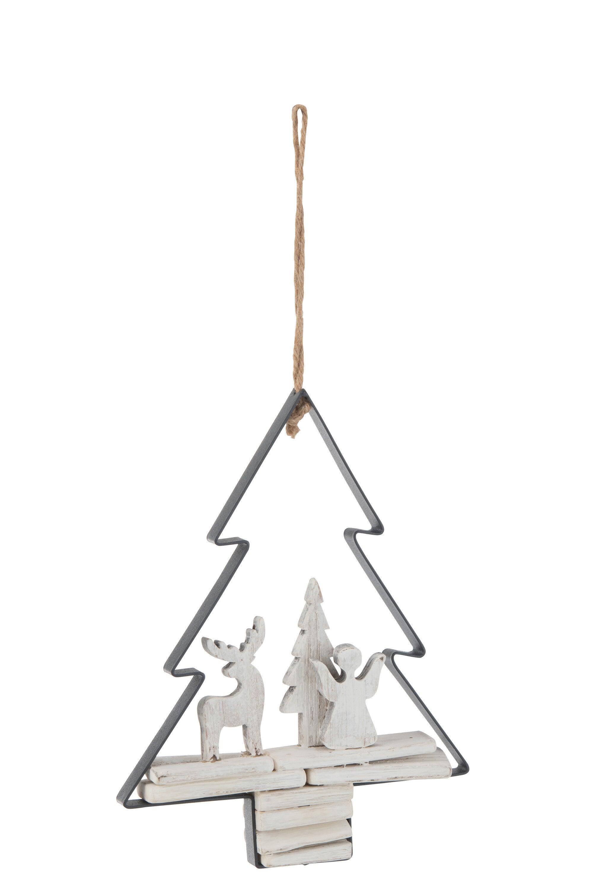 Hanger Kerstboom+Figuren Hout/Metaal Wit