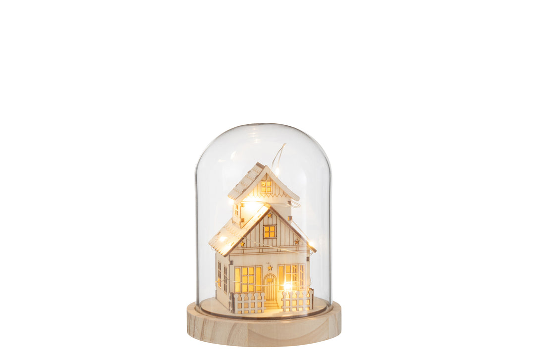 J-Line Stolp Winter Led Huis Hout/Glas Naturel